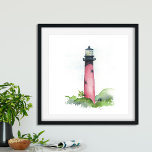 Poster Jupiter Lighthouse<br><div class="desc">Cette aquarelle représentant l'emblématique phare de Jupiter apporte une touche de charme tropical à votre maison. Parfait pour la décoration de plage dans les chambres, les espaces de bureau ou les espaces de vie, cet article capture la beauté du paysage océanique de Floride. Les tons rouges vifs de cet art...</div>