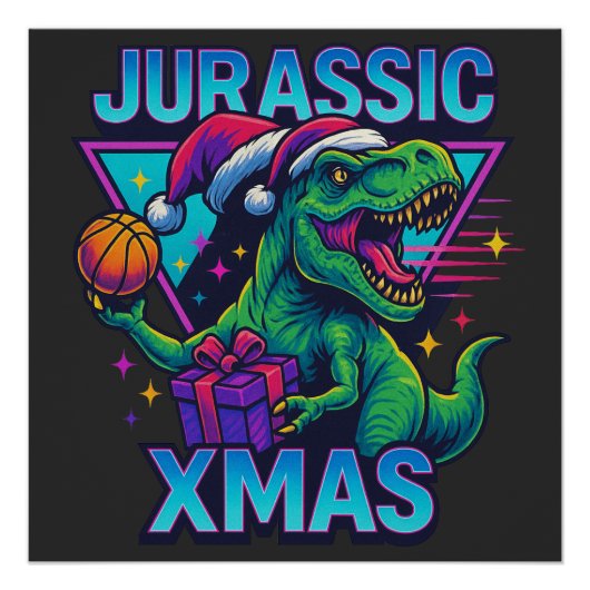 Poster Jurassic Xmas T-Rex - Retro 80s Neon Dinosaur Xmas (Devant)