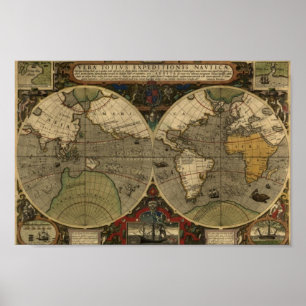 Poster  kaart - 1595 Hondius-Wereldkaart