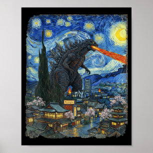 Poster Kaiju Monstre Japonais Vangogh nuit étoilée Vintag