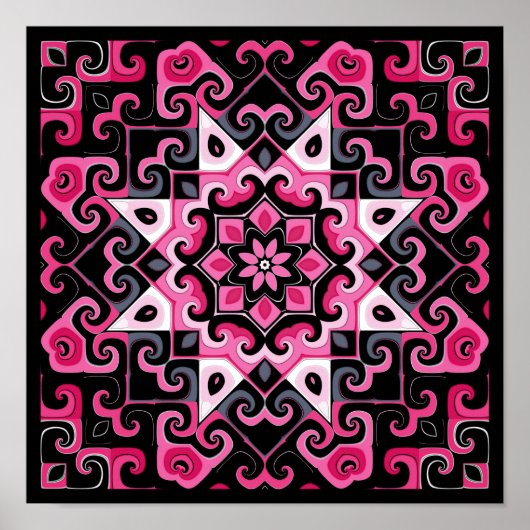 Poster Kaleidoscope étoile rose et noir (Devant)