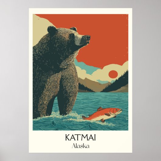 Poster Katmai Alaska Ours Pêche Saumon (Devant)