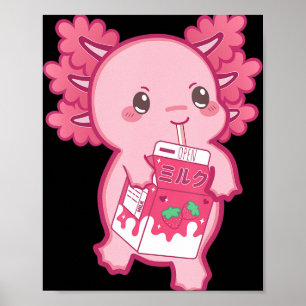 Poster Kawaii Axolotl fraise Lait Ado Fille Enfants Japa