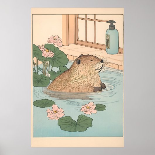 Poster Kawaii Beaver Ukiyo-e Print Funny Bathroom Japandi (Devant)