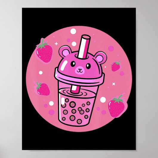 Poster Kawaii Boba Coupe Fraise Anime Buble Thé Cute (Devant)