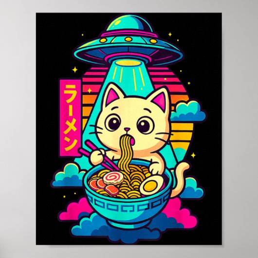 Poster Kawaii Cat Alien Ufo Ramen Graphic Tee Funny Japan (Devant)