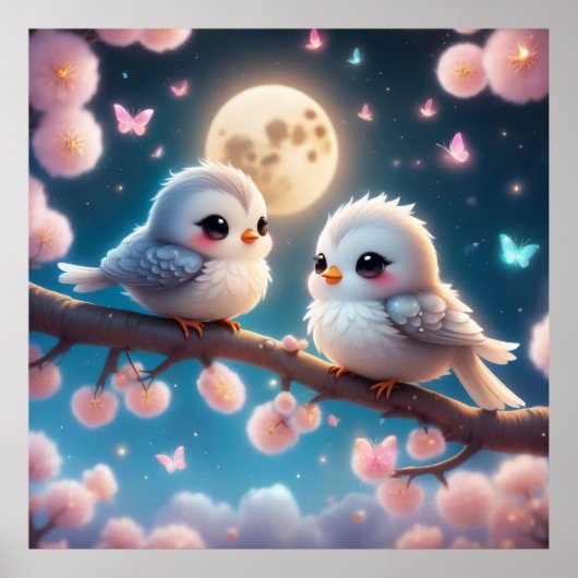 Poster Kawaii Charming Birds under Moonlight (Devant)