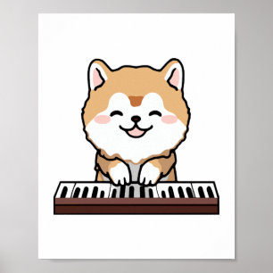 Poster Kawaii Chien mignon Jouer Piano Clavier