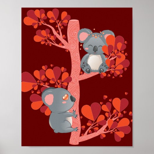 Poster Kawaii couple de koalas avec arbre de coeur (Devant)