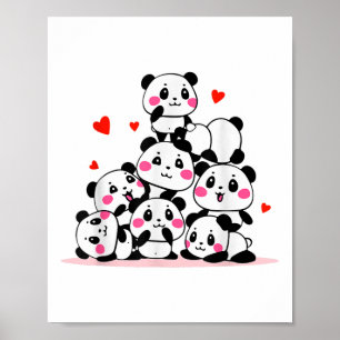 Poster Kawaii Cute Baby Panda Pile Avec Coeurs Rouges Val