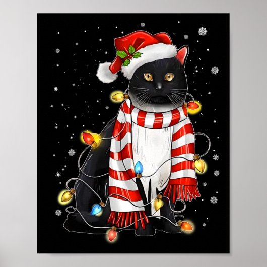 Poster Kawaii Cute Chat Noir Père Noël Tangé Dans La Lig  (Devant)