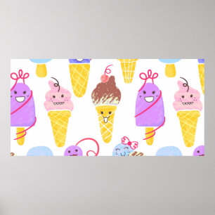 Poster Kawaii Ice Creams Motif, Kawaii Caractère Ice Cr