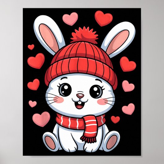 Poster Kawaii Lapin Saint-Valentin Cœurs Écharpe d'Hiver (Devant)