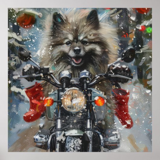 Poster Keeshond chien équitation moto Noël (Devant)