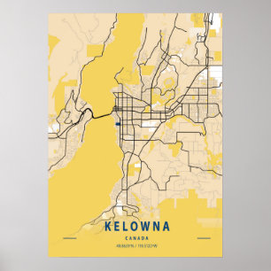Poster Kelowna - Carte de la ville jaune du Canada