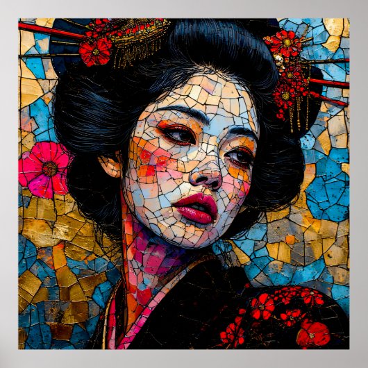 Poster Keramikblüte: Mosaik-Geisha in Träumerei (Devant)