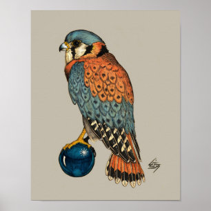 Poster Kestrel américain sur une boule de verre bleu