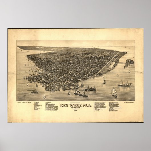 Poster Key West Florida 1884 Antique carte panoramique (Devant)