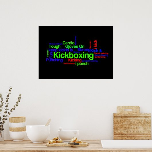 Poster Kickboxing Word Cloud brillant sur noir (Cuisine)