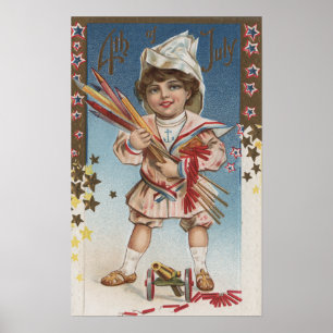 Poster Kid Holding Fireworks and Rockets