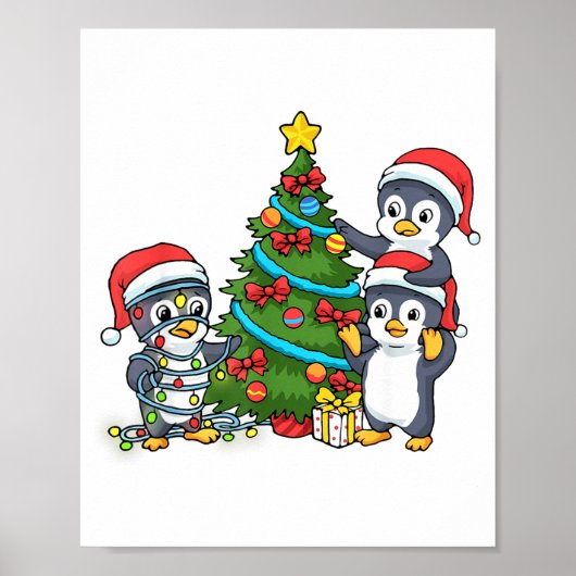 Poster Kids Christmas Penguin Christmas Tree Lights Baubl (Devant)
