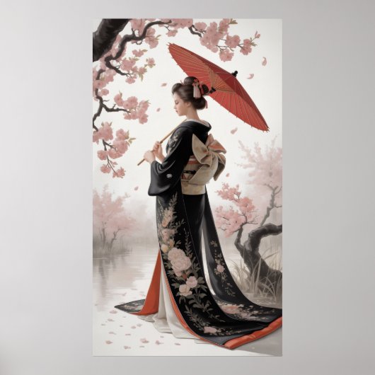 Poster Kimono et fleurs de cerisiers (Devant)
