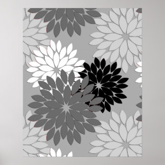 Poster Kimono floral moderne Imprimer, gris, noir et blan