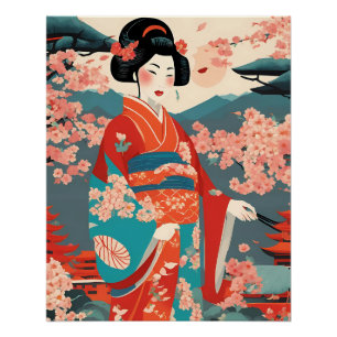Poster Kimono japonais traditionnel Femme Art Vintage