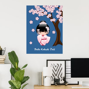 Poster Kimono rose Kawaii Poupée Kokeshi sur fond bleu