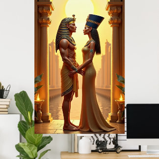 Poster King Tutankhamun and Queen Nefertiti standing