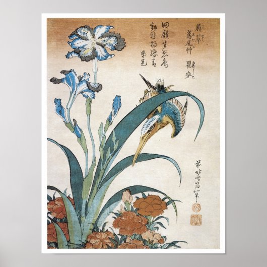 Poster Kingfisher avec Irises, Hokusai, 1834 (Devant)