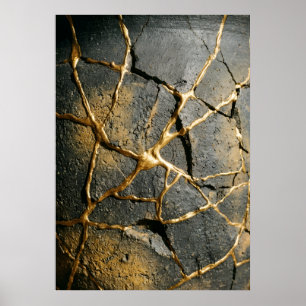 Poster Kintsugi Japonais Or Pierre Fendue Sombre Wabi Sab