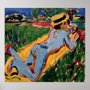 Poster Kirchner - Figure Bleu Allongé Avec Chapeau de Pai