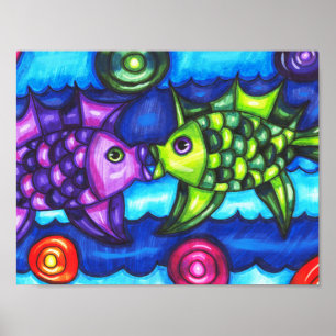 Poster Kissy Fish whimsical coloré art animal de l'océan