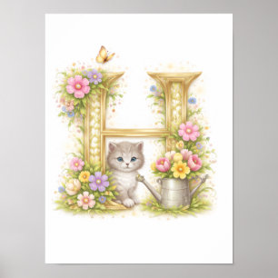 Poster Kit Nursery Lettre H Chaton Bébé Initial Floral Or