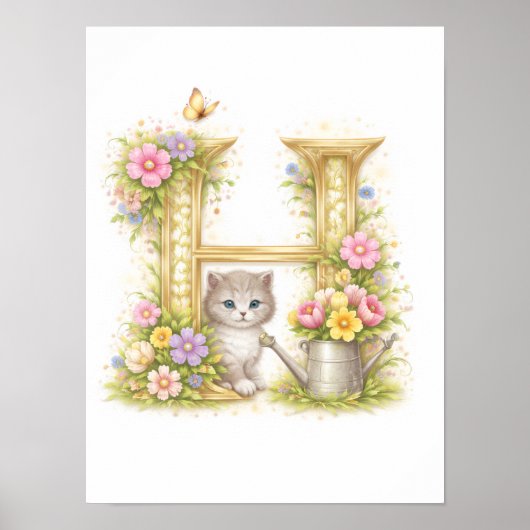 Poster Kit Nursery Lettre H Chaton Bébé Initial Floral Or (Devant)