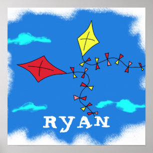 Poster Kite Jaune Ciel Rouge Nuage Dessin Nom de l`enfant