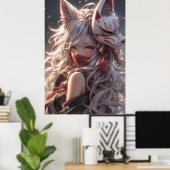 Poster Kitsune Fox Masque Samurai fille Japonaise (Bureau à domicile)