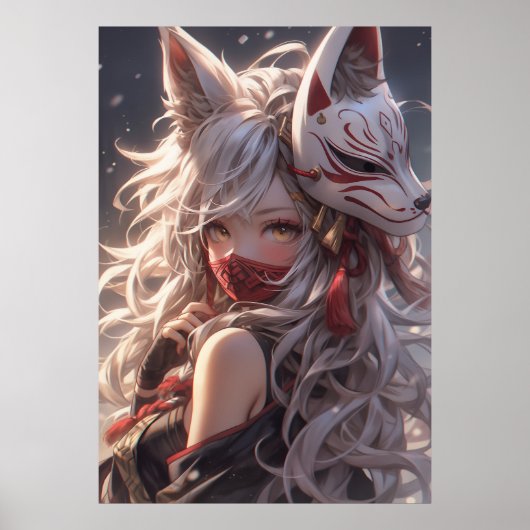 Poster Kitsune Fox Masque Samurai fille Japonaise (Devant)