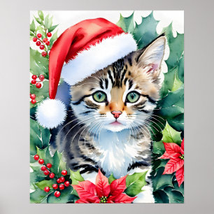 Poster Kitten À Santa Hat Noël Aquarelle Art