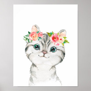 Poster Kitten avec aquarelle Fleurs Art Imprimer