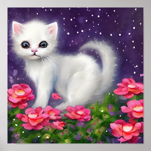 Poster Kitten blanc entouré de fleurs (Devant)