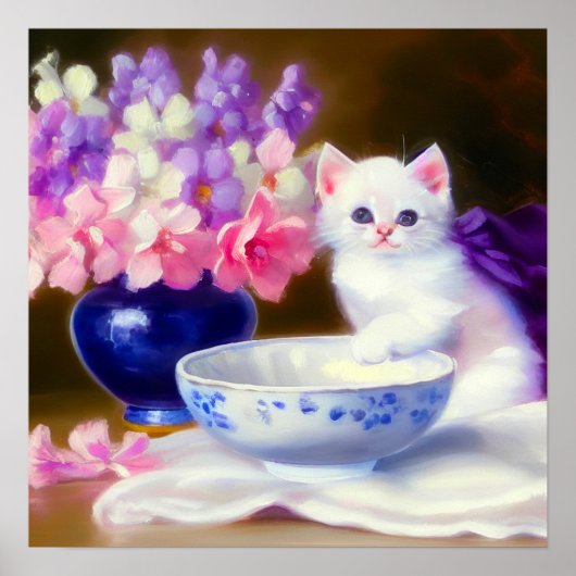 Poster Kitten blanc vintage avec ruban violet (Devant)