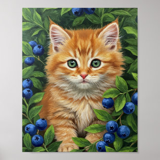 Poster Kitten & Blueberries | Oil Painting Art