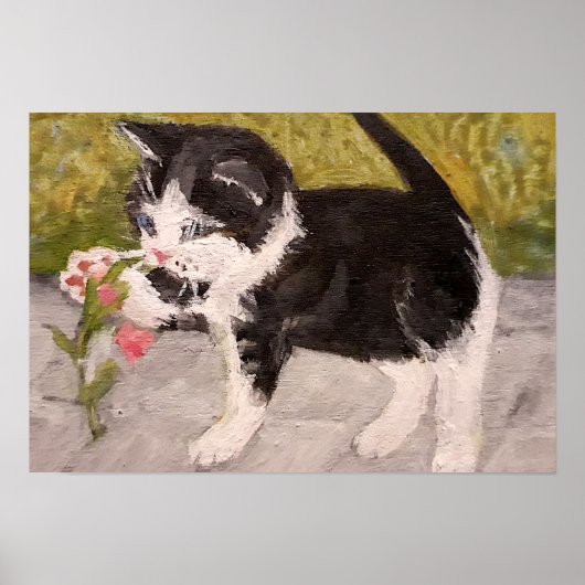 Poster Kitten Jouer avec Fleur rose (Devant)
