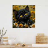 Poster Kitten Noir Adorable Parmi Fleurs (Cuisine)