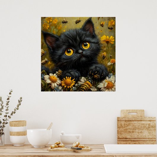 Poster Kitten Noir Adorable Parmi Fleurs (Cuisine)