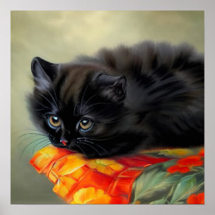 Poster Kitten noir vintage avec couverture de fleurs roug