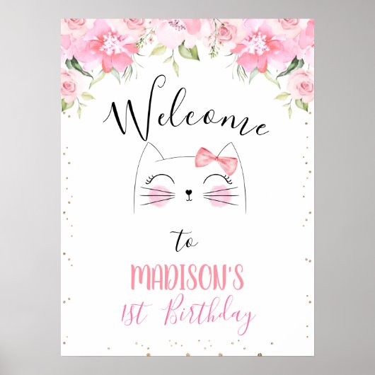 Poster Kitten rose Floral Visage et Bow Anniversaire Bien (Devant)