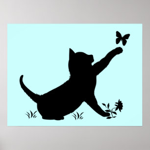 Poster Kitties Jouer avec des papillons en silhouettes